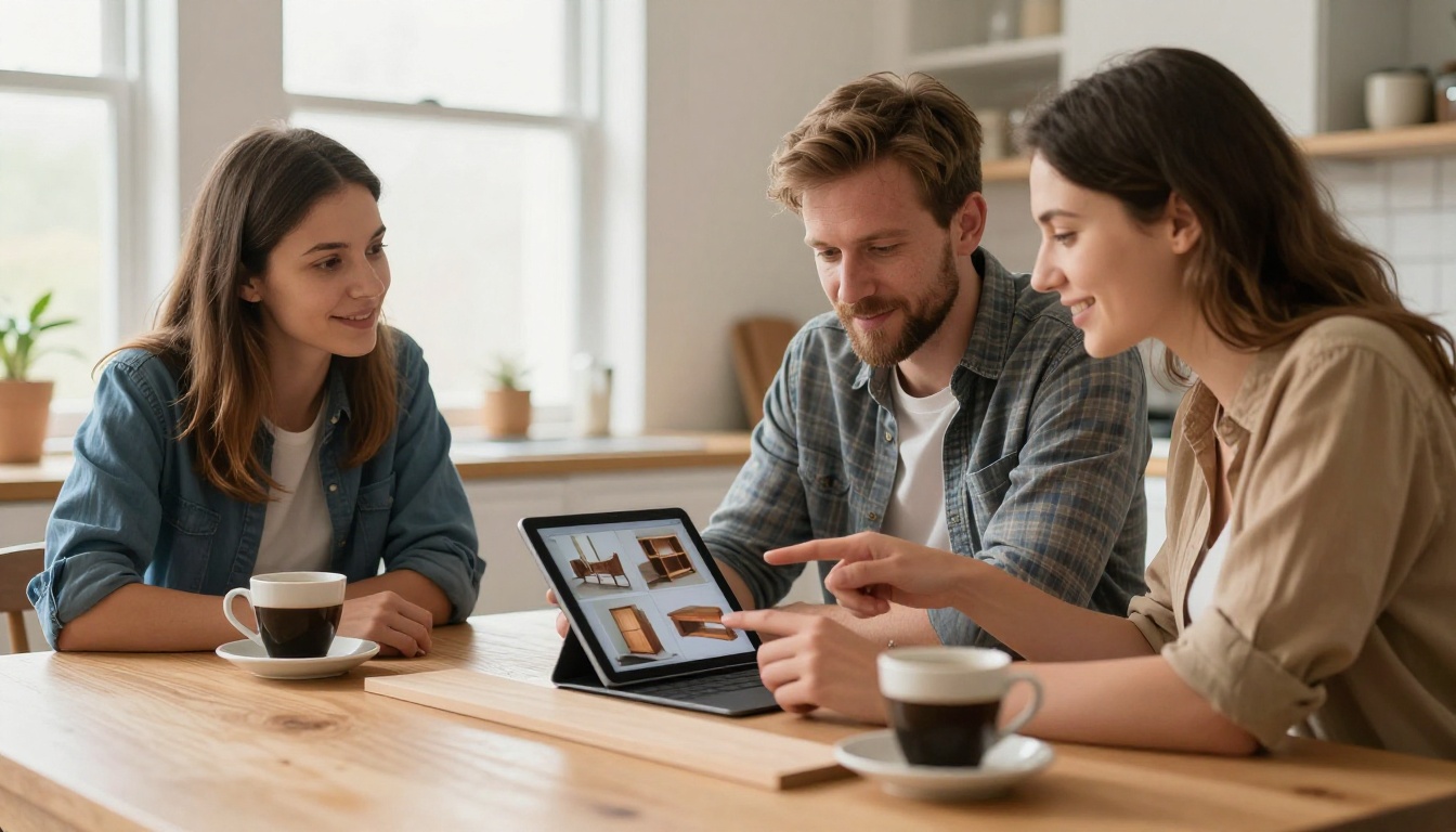 A woodworker in his early 30s presenting his furniture portfolio on a tablet to a young couple across a bright kitchen table, the couple leaning forward with clear interest, natural daylight filling the room A woodworker in his early 30s presenting his furniture portfolio on a tablet to a young couple across a bright kitchen table, the couple leaning forward with clear interest, natural daylight filling the room
