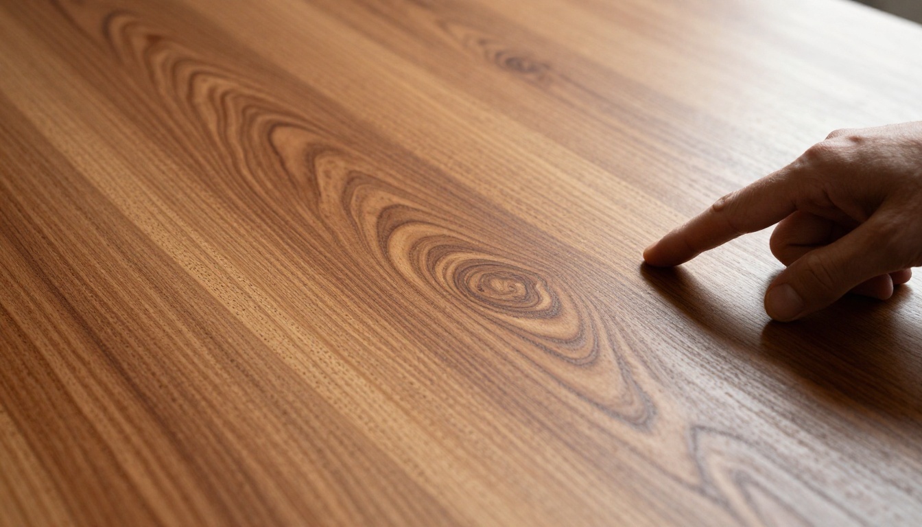 Ultra-close-up of a freshly finished solid cherry wood dining table surface showing spectacular grain figure patterns under raking natural light, with a woodworker's index finger pointing at the swirling grain detail Ultra-close-up of a freshly finished solid cherry wood dining table surface showing spectacular grain figure patterns under raking natural light, with a woodworker's index finger pointing at the swirling grain detail