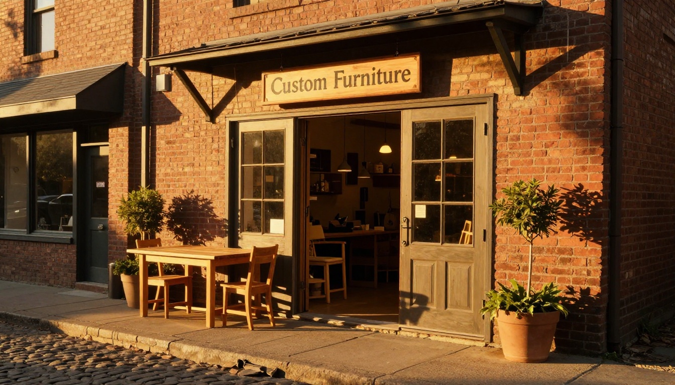 A small artisan woodworking shop exterior at golden hour, warm light spilling from open workshop doors onto a cobblestone sidewalk, a finished oak dining table and chairs displayed outside the entrance A small artisan woodworking shop exterior at golden hour, warm light spilling from open workshop doors onto a cobblestone sidewalk, a finished oak dining table and chairs displayed outside the entrance