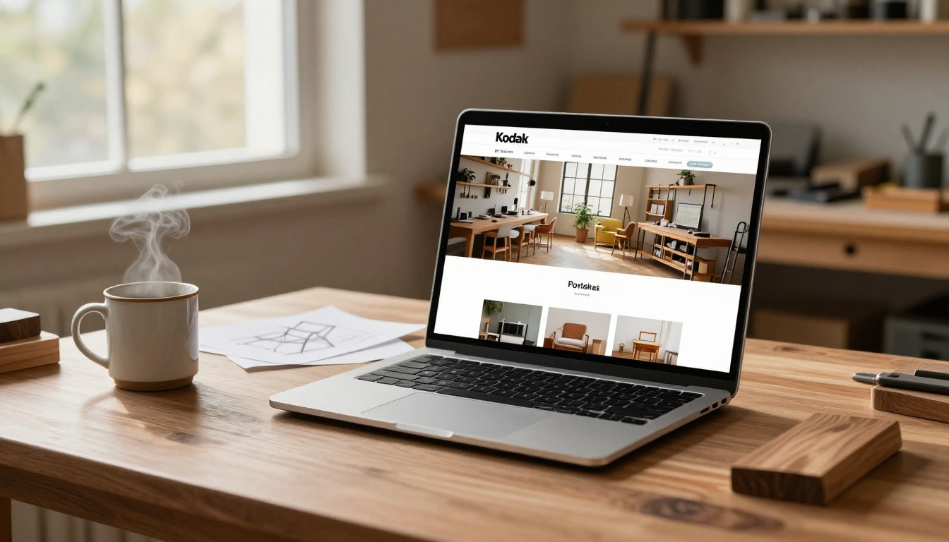 A laptop on a solid walnut desk in a woodworker's home office showing a flipbook portfolio website with furniture photographs, morning light from a window with workshop visible in the background A laptop on a solid walnut desk in a woodworker's home office showing a flipbook portfolio website with furniture photographs, morning light from a window with workshop visible in the background