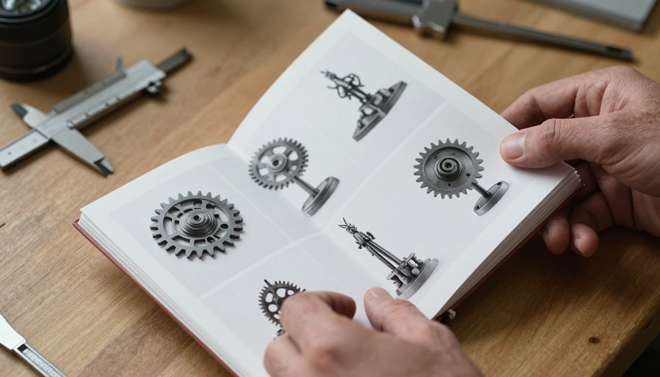 Hands carefully flipping through a glossy printed portfolio of 3D printed work on a workshop bench Hands carefully flipping through a glossy printed portfolio of 3D printed work on a workshop bench