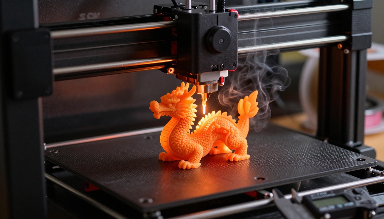 A 3D printer extruding orange filament layer by layer onto a detailed miniature figurine, warm workshop lighting A 3D printer extruding orange filament layer by layer onto a detailed miniature figurine, warm workshop lighting