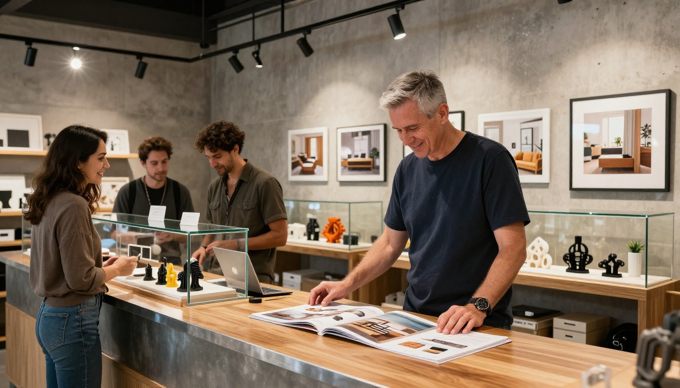 Shop owner and customers reviewing a printed flipbook catalog of 3D printed home decor on a polished service counter Shop owner and customers reviewing a printed flipbook catalog of 3D printed home decor on a polished service counter
