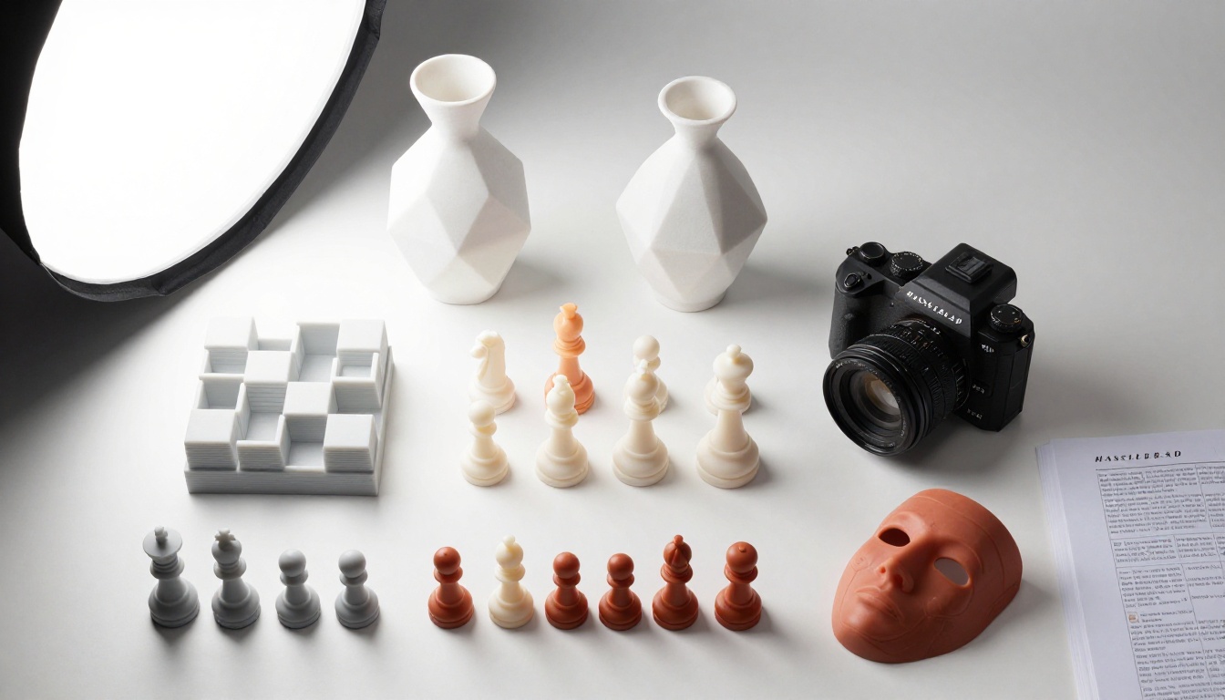 Aerial flat-lay of curated 3D printed objects on a white studio surface with a printed flipbook open at the edge Aerial flat-lay of curated 3D printed objects on a white studio surface with a printed flipbook open at the edge