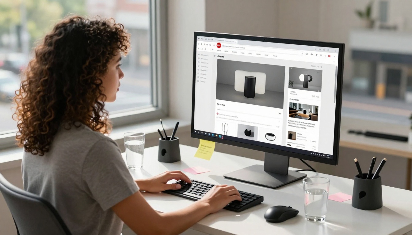 Female product designer at a workstation viewing a 3D model and a digital flipbook portfolio on dual screens Female product designer at a workstation viewing a 3D model and a digital flipbook portfolio on dual screens