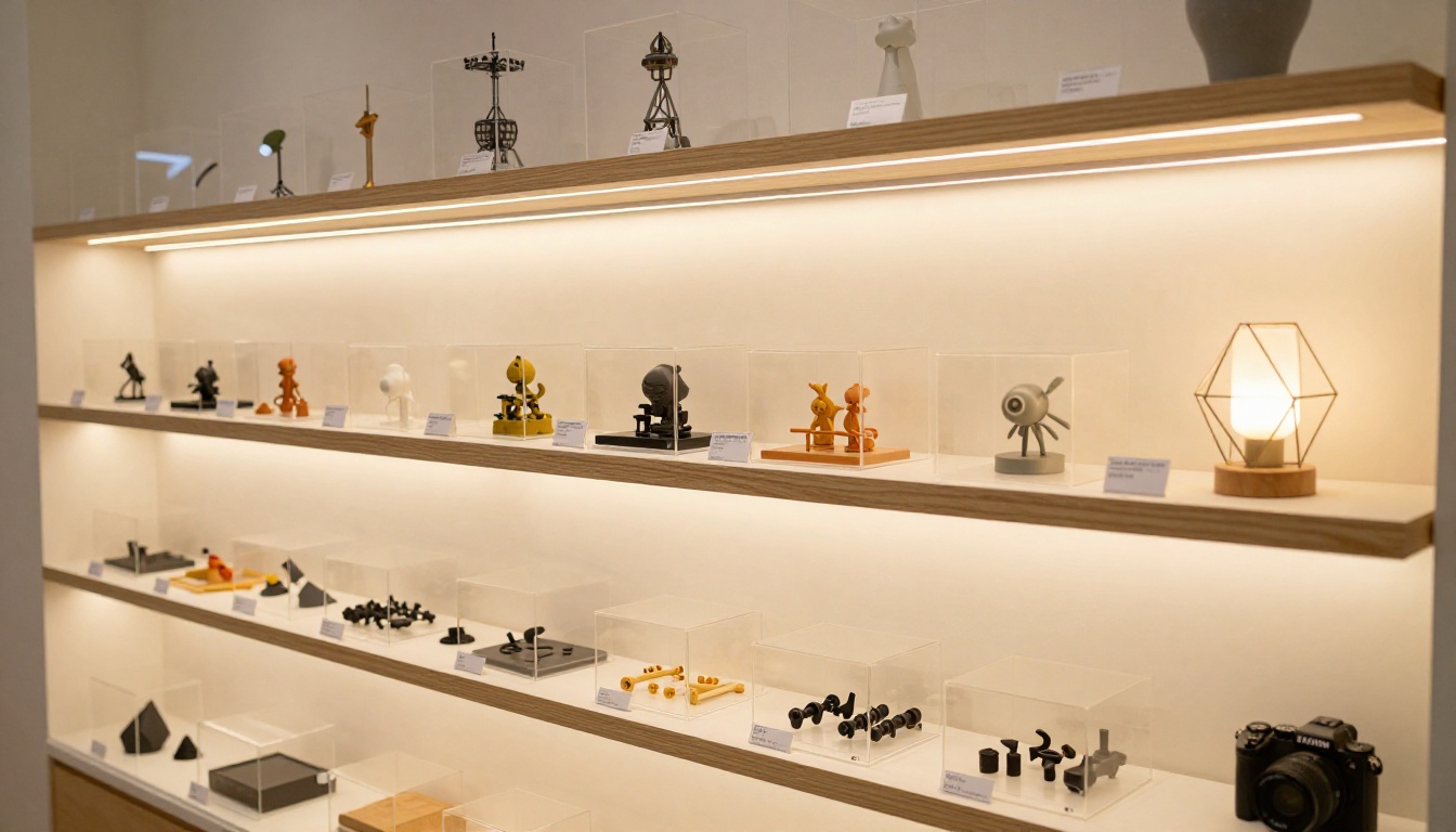 Organized retail display shelf showing 3D printed sample products with warm backlighting in a modern print shop