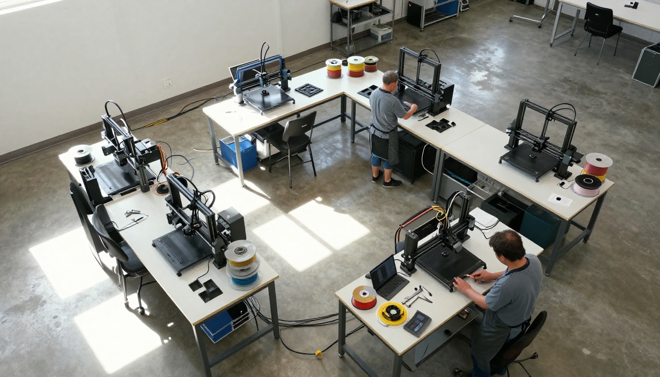 Aerial bird's-eye view of a 3D printing workshop with multiple printers running simultaneously under skylight illumination