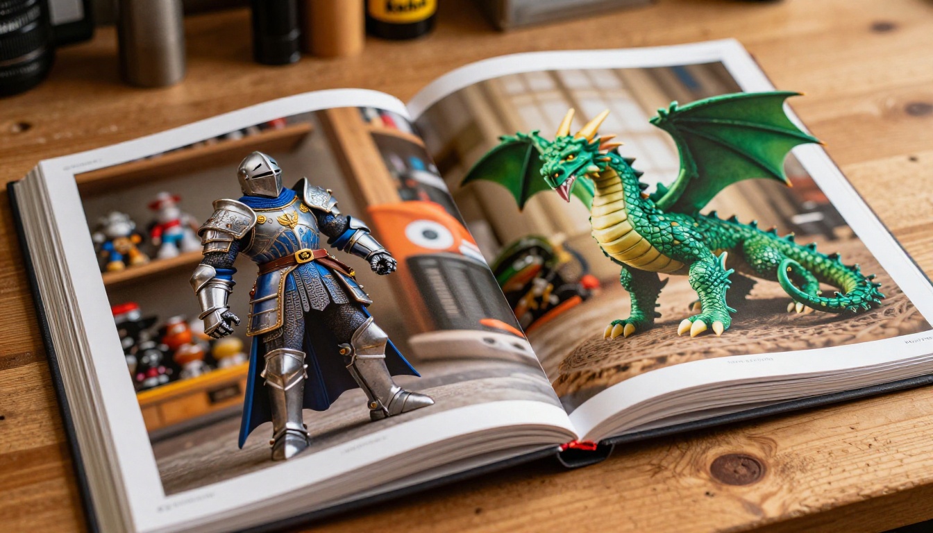 Open flipbook spread showing vivid close-up photographs of 3D printed figurines on a workbench under warm directional light