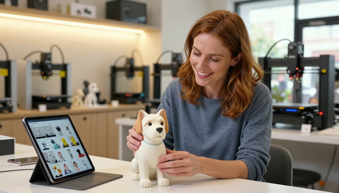 Happy customer holding a custom 3D printed figurine of her dog at a bright modern 3D printing shop counter with a digital flipbook on a tablet beside her