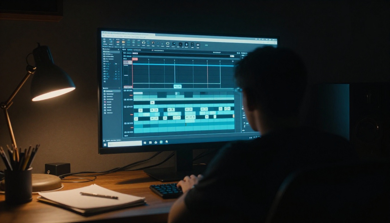 Animation studio at night with glowing timeline software on monitor