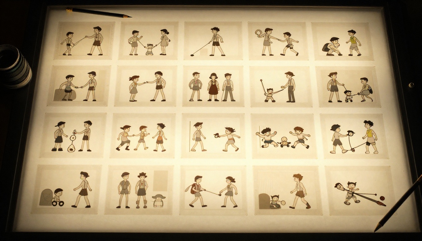 Aerial view of light table with printed animation frames in sequential grid
