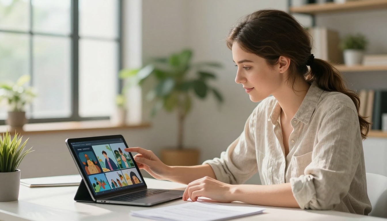 Young female animator reviewing interactive digital flipbook on tablet in bright studio