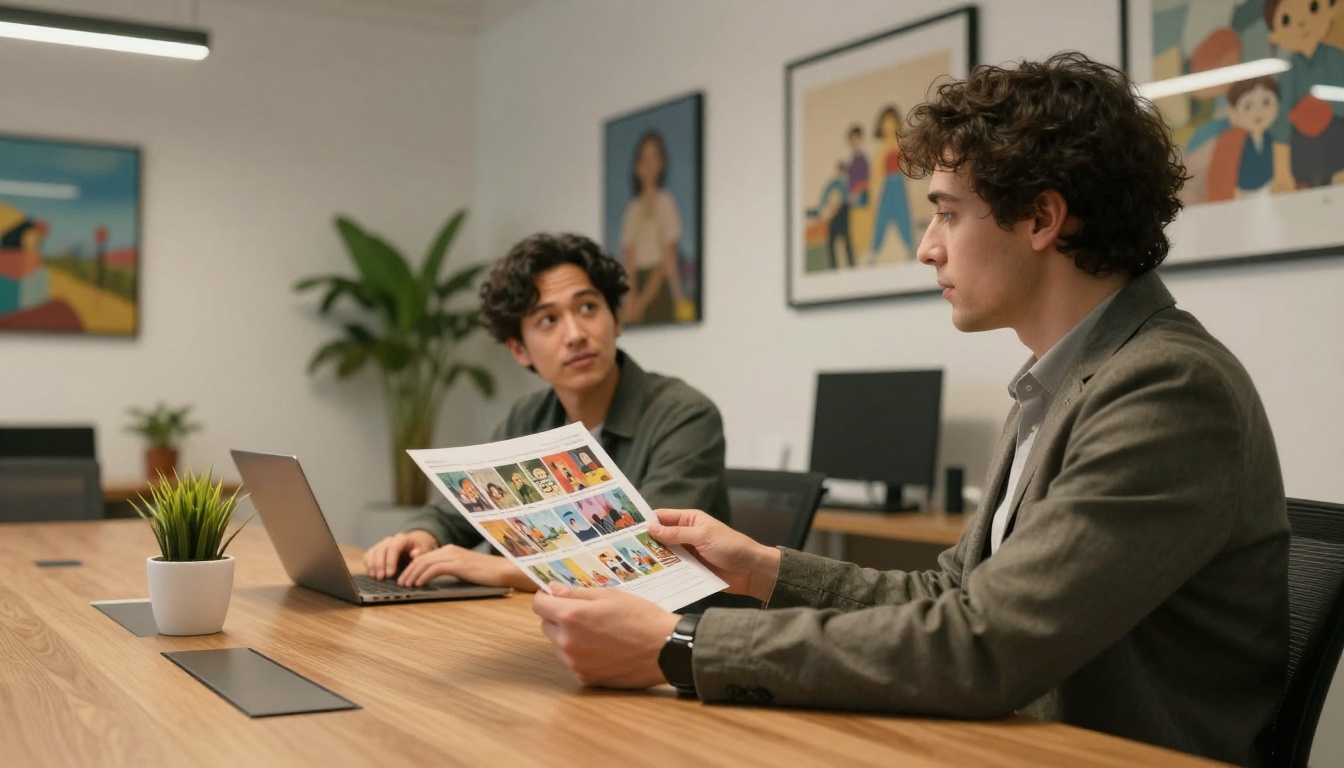 Client meeting scene with creative director examining animation flipbook