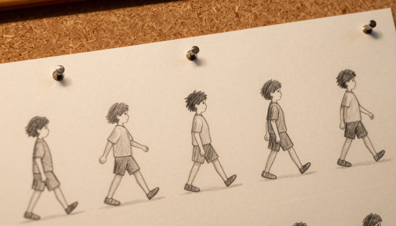 Close-up of hand-drawn sequential animation frames pinned to cork board