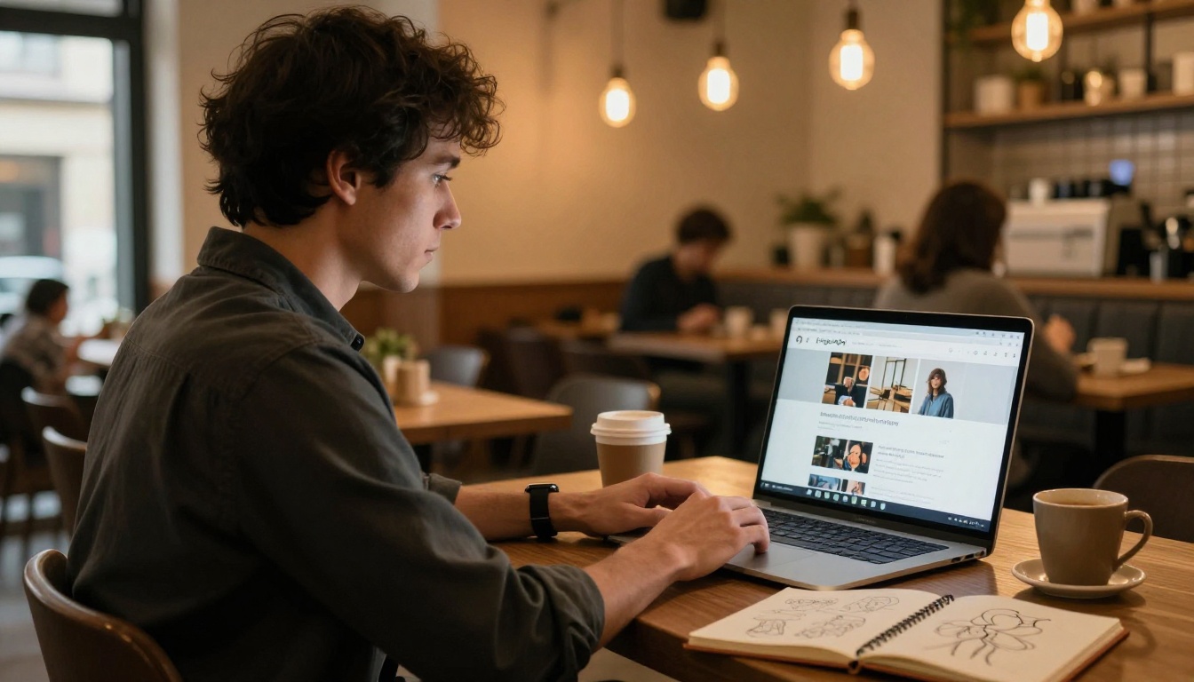 Freelance male animator working on laptop in cozy coffee shop