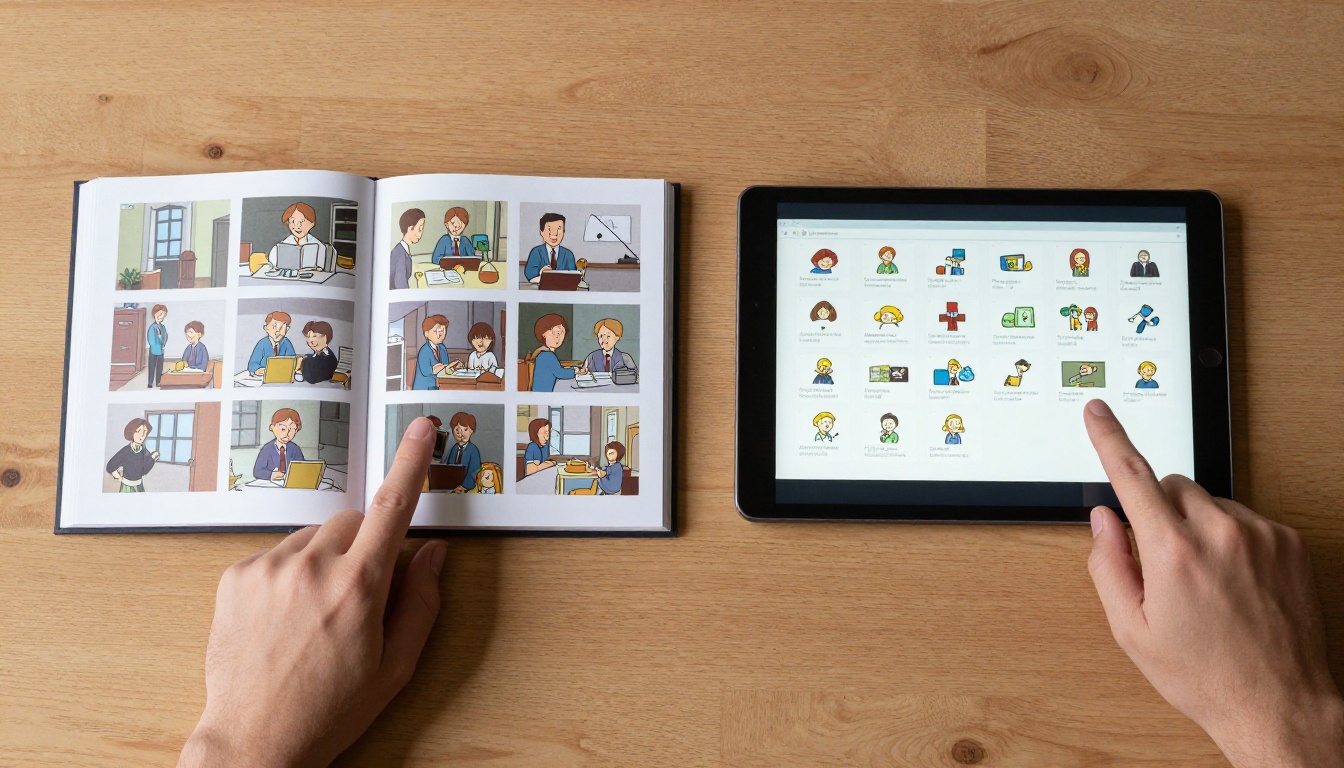Side by side comparison of physical animation flipbook and digital tablet flipbook on wooden table