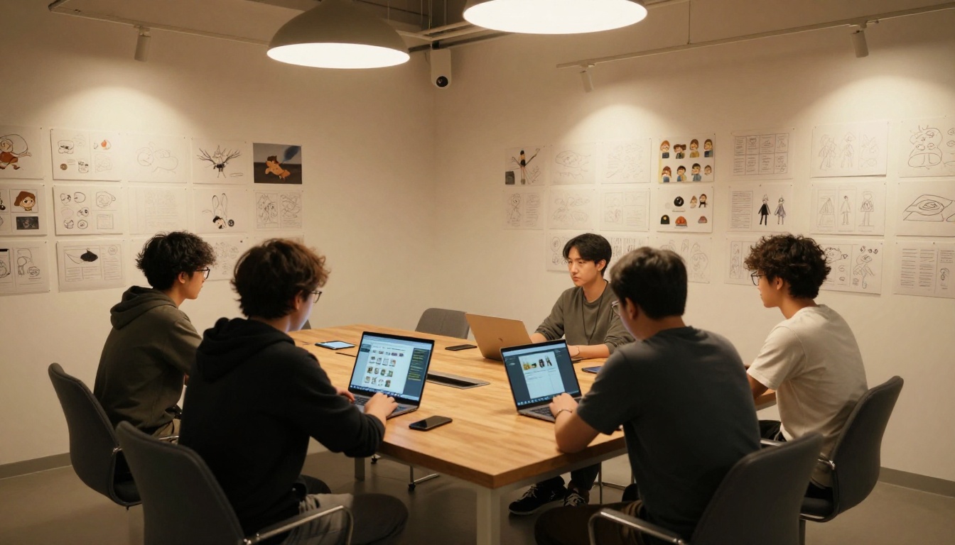 Wide shot of animation studio team reviewing flipbook presentations on tablets at conference table