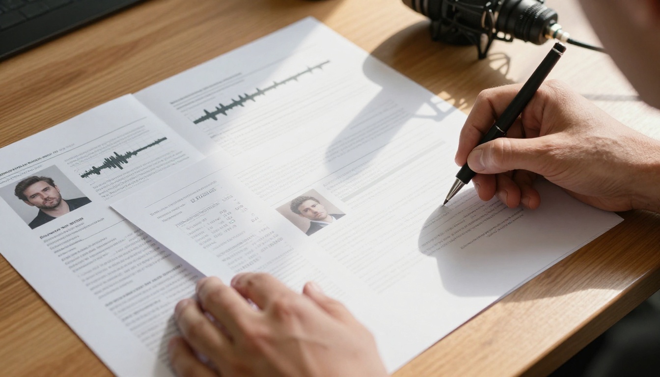 Voice actor portfolio pages spread across a desk showing audio waveform graphics and script samples