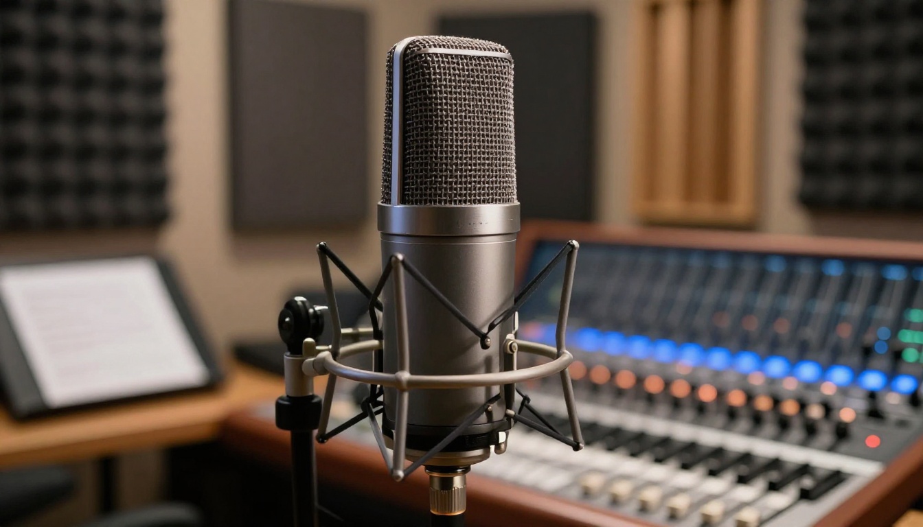Professional large-diaphragm condenser microphone close-up in recording studio with warm amber studio lighting