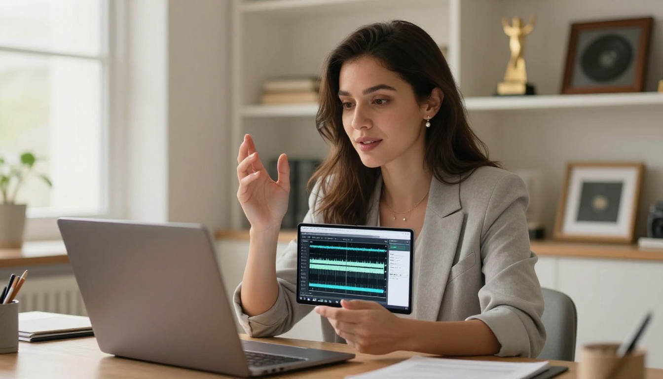 Voice actress on a video call sharing her digital flipbook portfolio with a client on her laptop screen