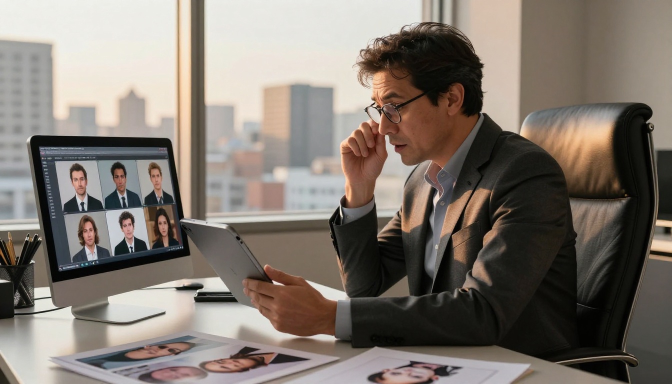 Casting director reviewing a digital voice actor portfolio on an iPad in a bright corner office with cityscape behind
