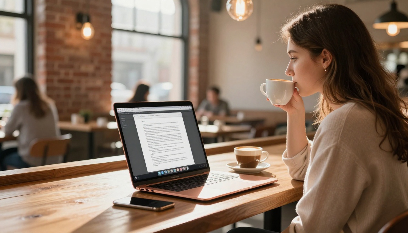 Voice actress working on her digital portfolio flipbook at a bright cafe with a laptop and cappuccino on the table