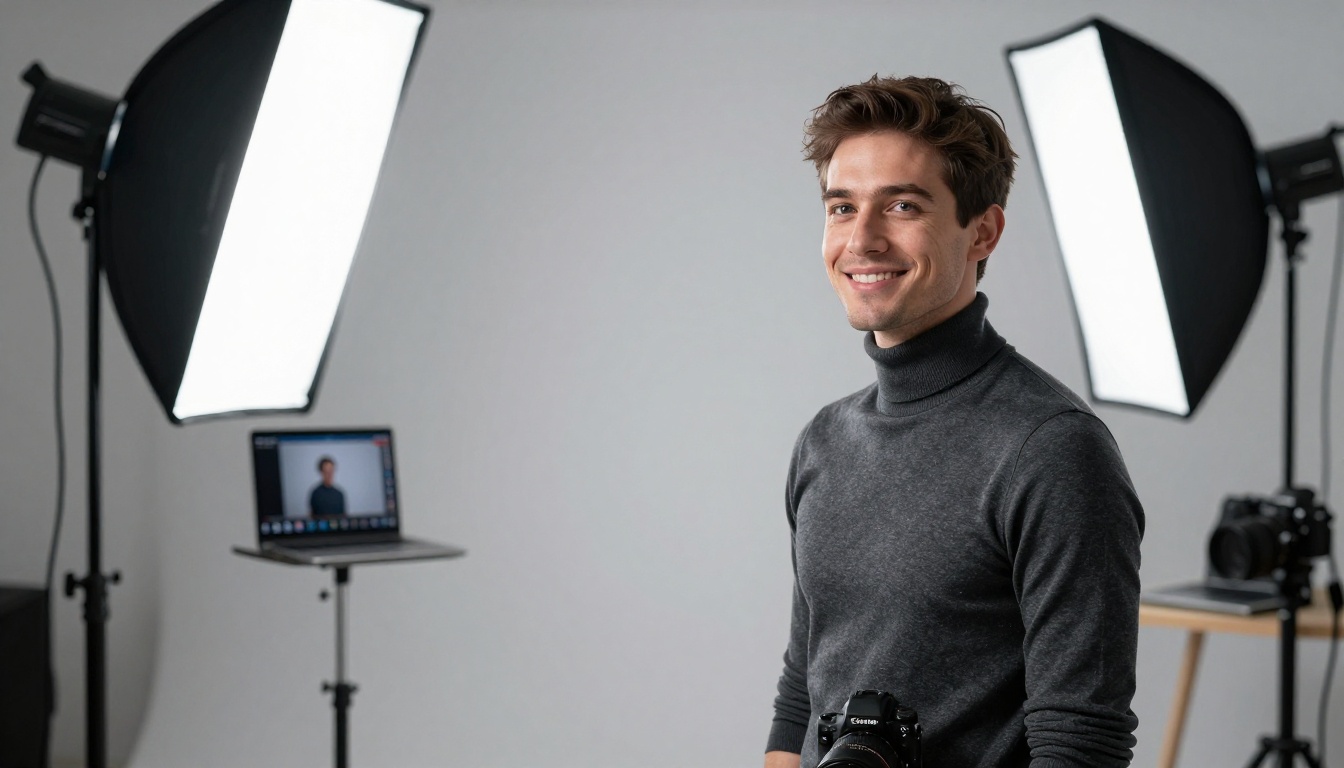 Professional headshot photography session for a male voice actor in a clean white studio with softbox lighting