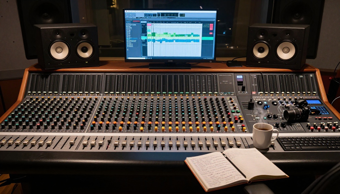 Aerial overhead view of professional recording studio mixing console with DAW waveforms and flipbook portfolio open on screen