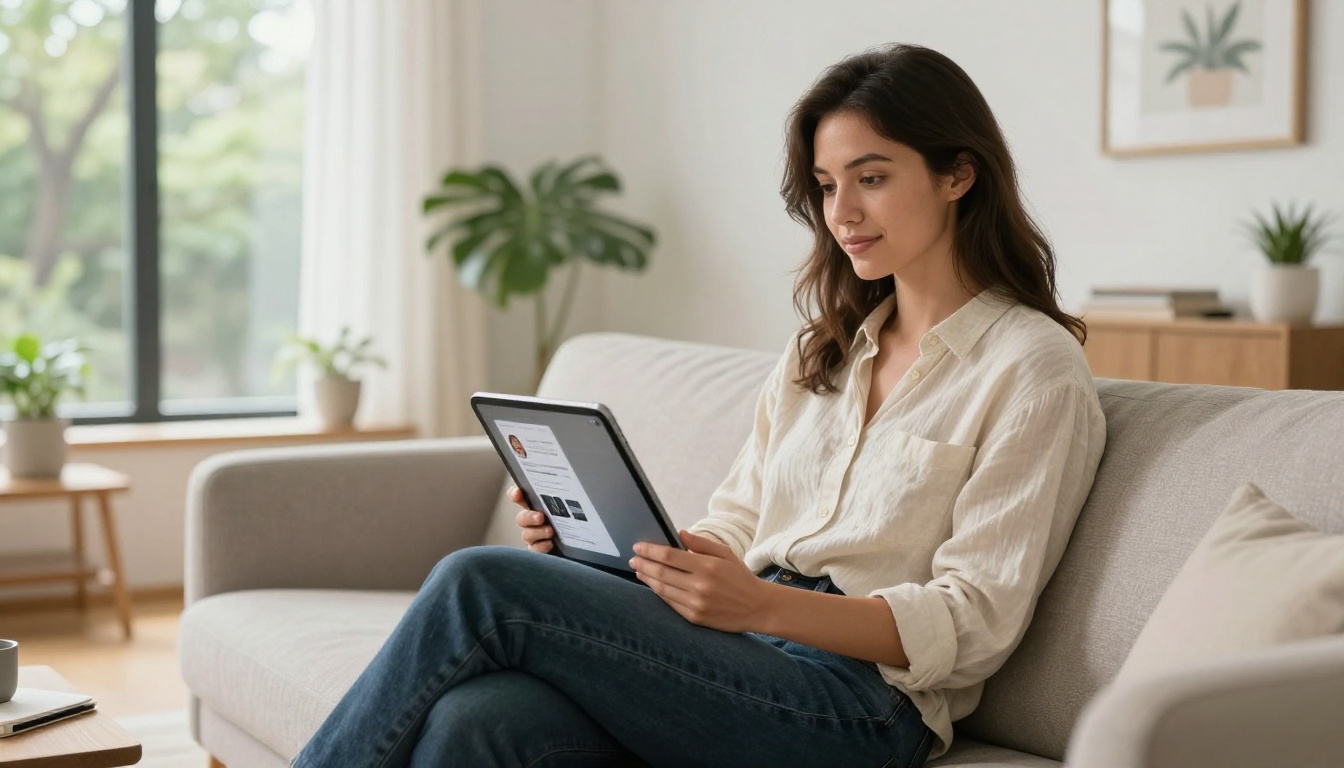 Voice actress relaxed at home on a Scandinavian sofa reviewing her digital portfolio flipbook on a tablet with natural morning light