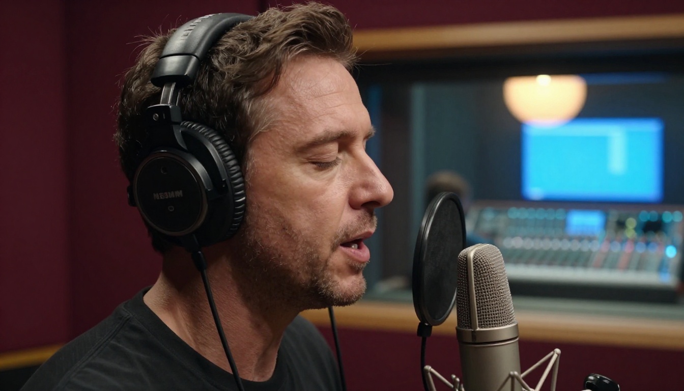 Male voice actor recording in a professional studio booth with warm amber key light and cool blue fill from the control room beyond