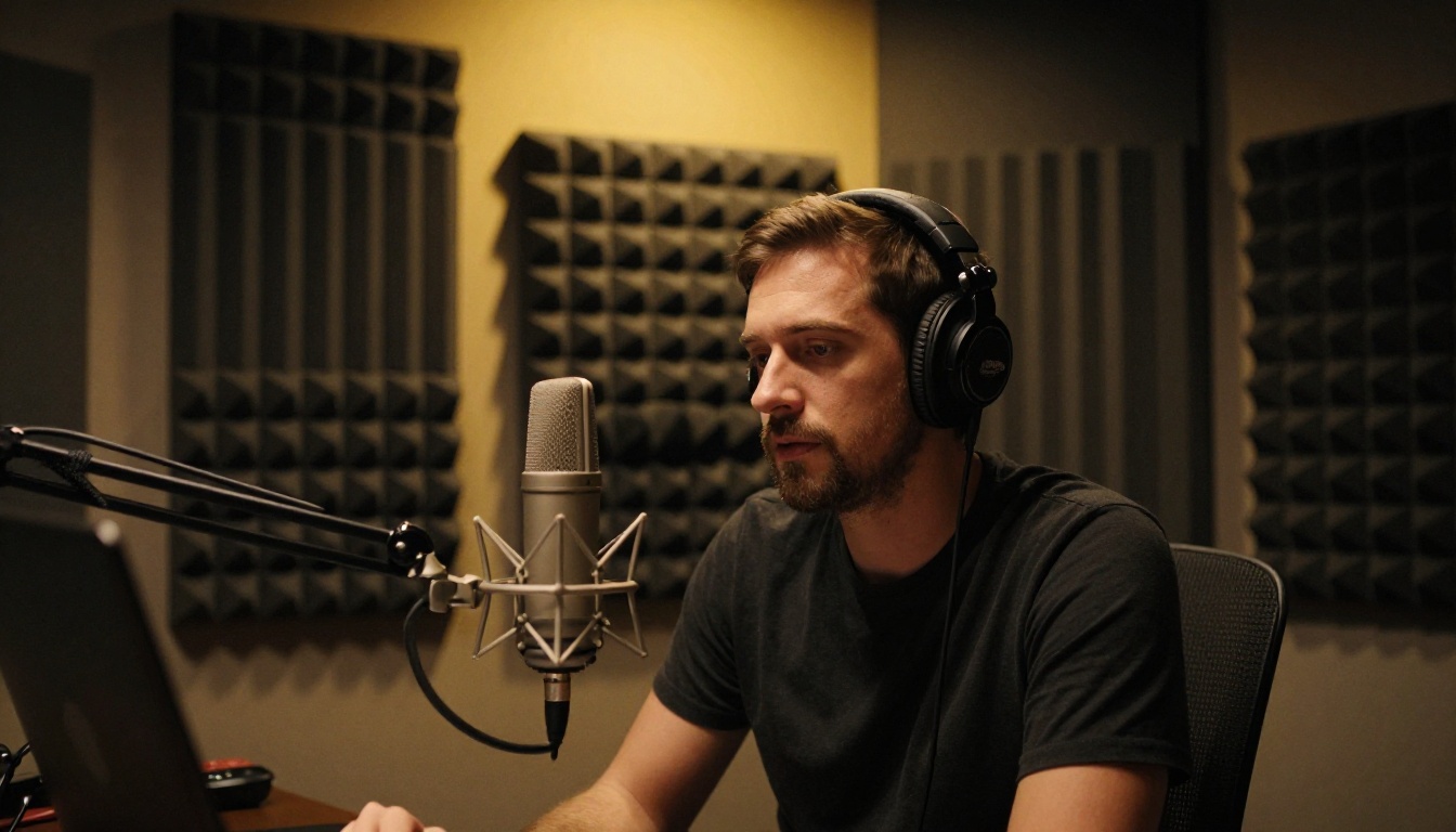 Podcast host in professional recording booth leaning toward condenser microphone Podcast host in professional recording booth leaning toward condenser microphone