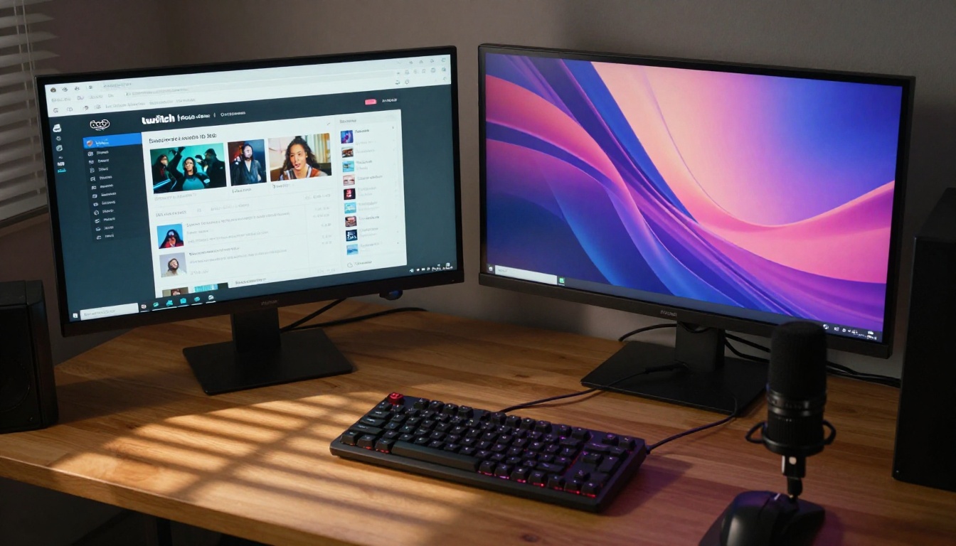 Twitch streamer reviewing sponsor presentation on dual monitors Twitch streamer reviewing sponsor presentation on dual monitors