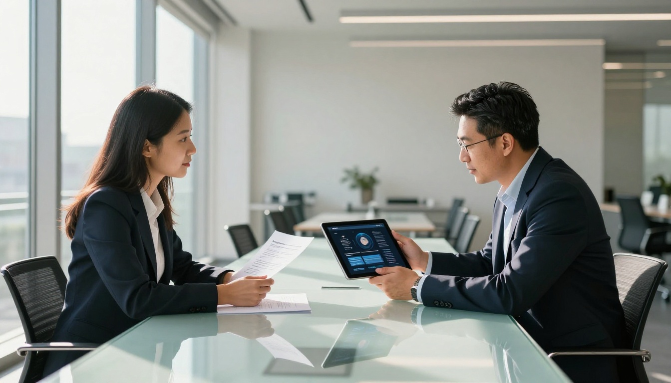 Two professionals in conference room comparing printed PDF vs. interactive flipbook on tablet Two professionals in conference room comparing printed PDF vs. interactive flipbook on tablet