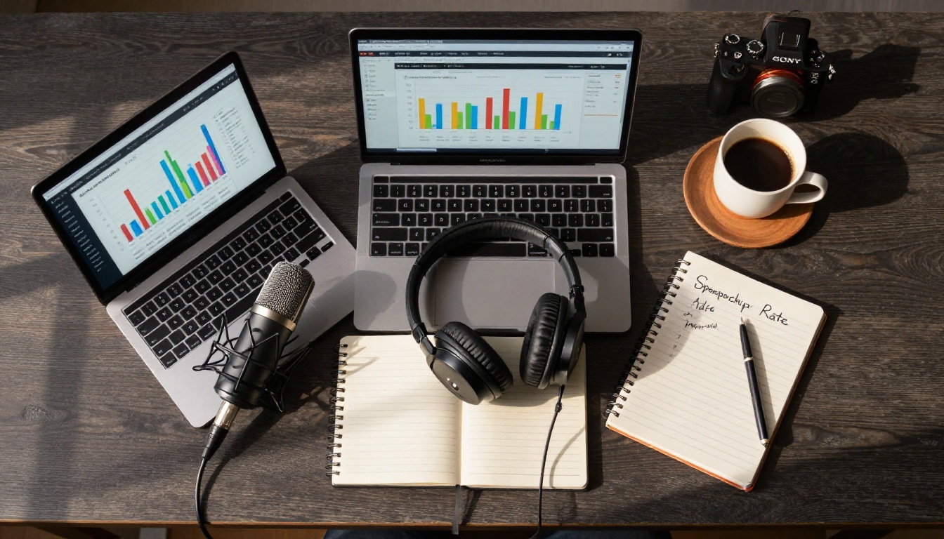 Aerial overhead view of podcaster desk with microphone, headphones, laptop analytics, and notepad Aerial overhead view of podcaster desk with microphone, headphones, laptop analytics, and notepad