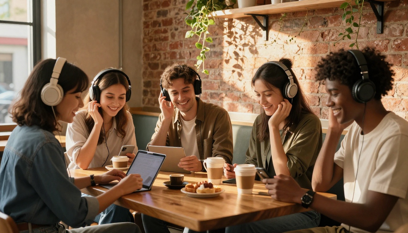 Diverse group of podcast listeners in bright cafe wearing headphones with warm smiles Diverse group of podcast listeners in bright cafe wearing headphones with warm smiles