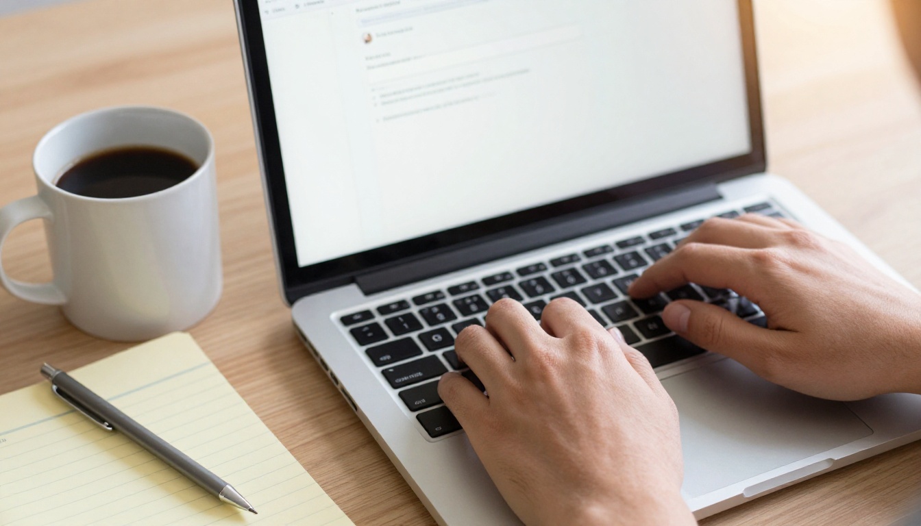 Hands typing on laptop composing a professional sponsorship pitch email with coffee nearby Hands typing on laptop composing a professional sponsorship pitch email with coffee nearby