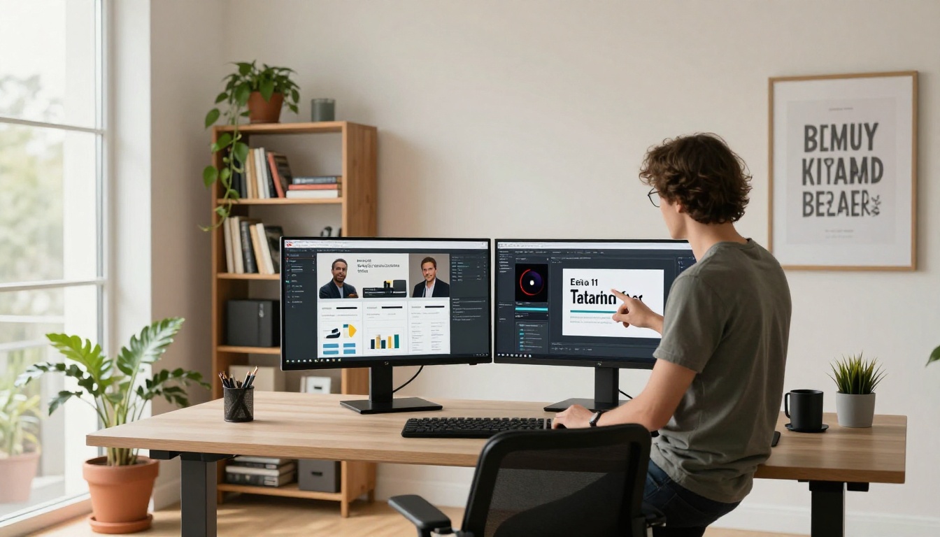 Content creator at standing desk with dual monitors showing podcast analytics and deck design interface Content creator at standing desk with dual monitors showing podcast analytics and deck design interface
