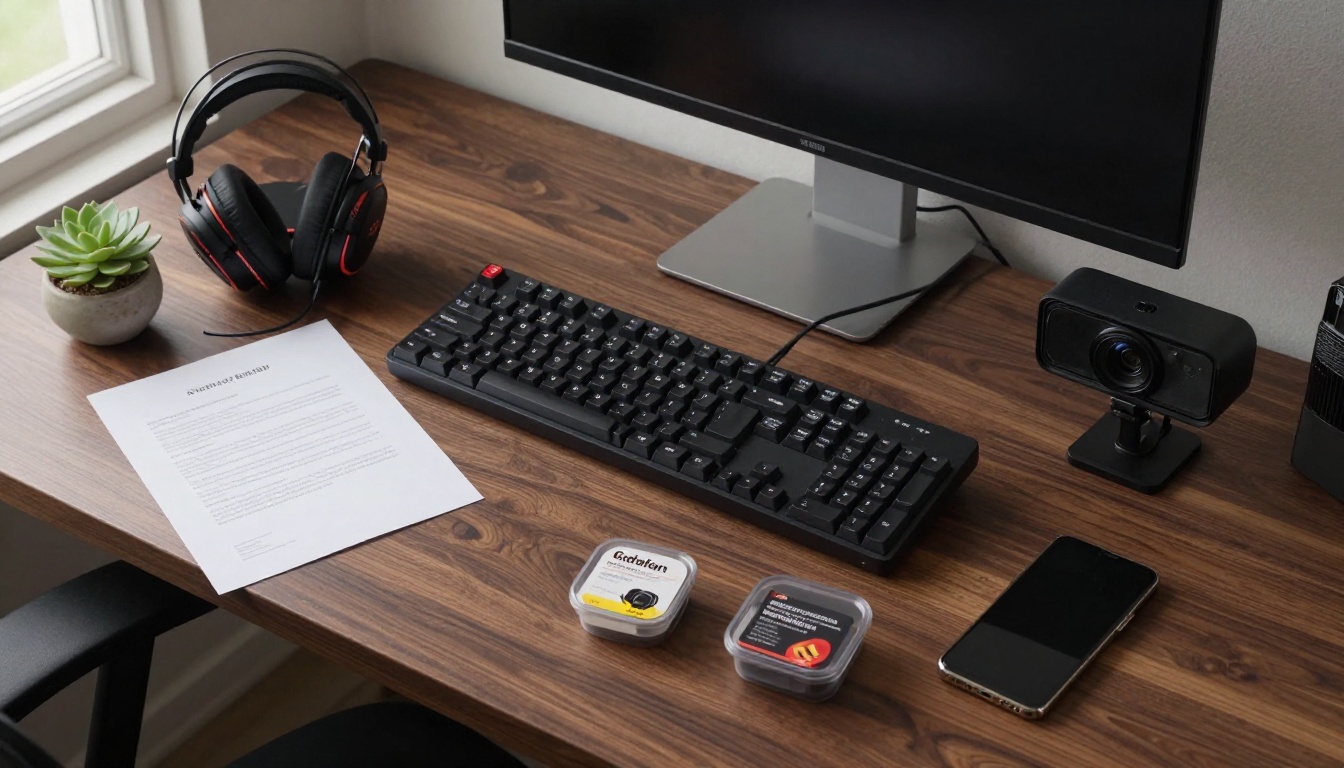 Gaming desk flat lay with professional streaming equipment Gaming desk flat lay with professional streaming equipment