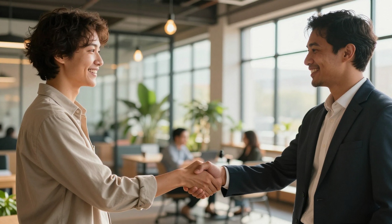 Confident handshake between podcast creator and brand marketing executive in bright modern co-working lobby Confident handshake between podcast creator and brand marketing executive in bright modern co-working lobby