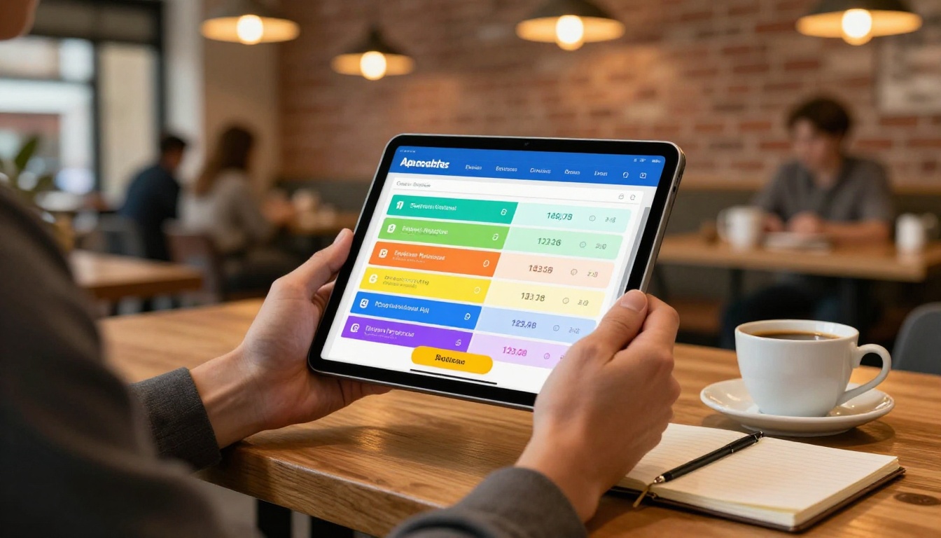 Person reviewing sponsor packages on tablet in café Person reviewing sponsor packages on tablet in café