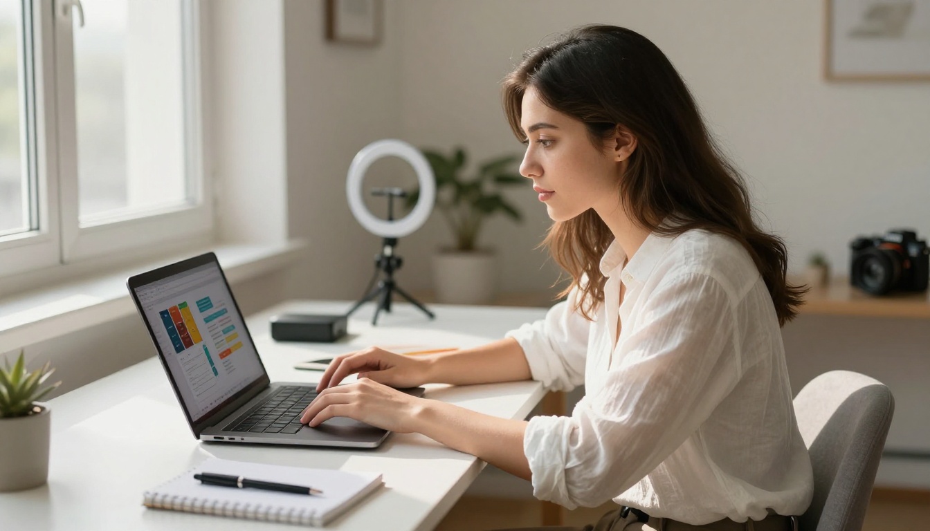Young female YouTube creator reviewing a pitch presentation on her laptop in a bright minimalist home office
