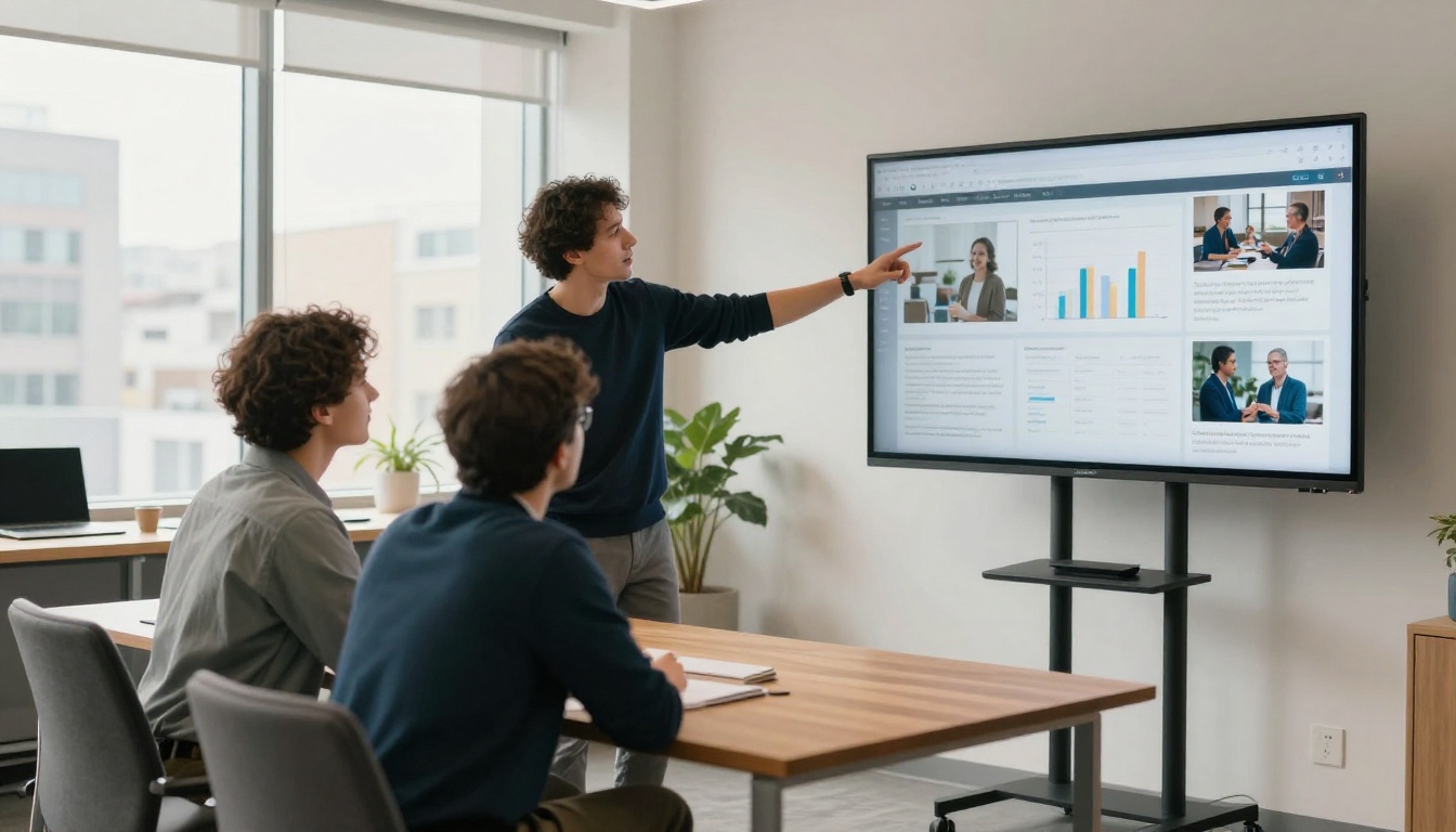 Male creator presenting a flipbook media kit to brand professionals in a bright modern co-working conference room