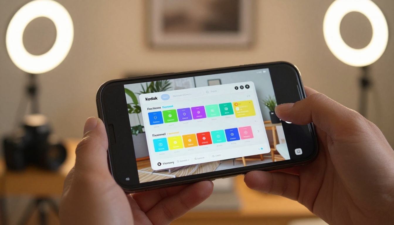 Creator's hand holding a smartphone displaying a digital flipbook pitch with visible page-turn interaction and blurred home studio background