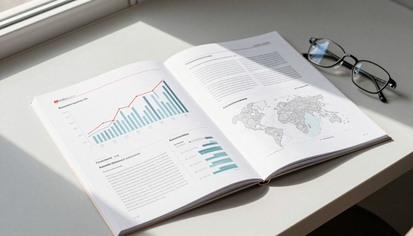 Premium printed YouTube media kit open on a cool gray desk showing analytics spread with growth charts and geographic data Premium printed YouTube media kit open on a cool gray desk showing analytics spread with growth charts and geographic data