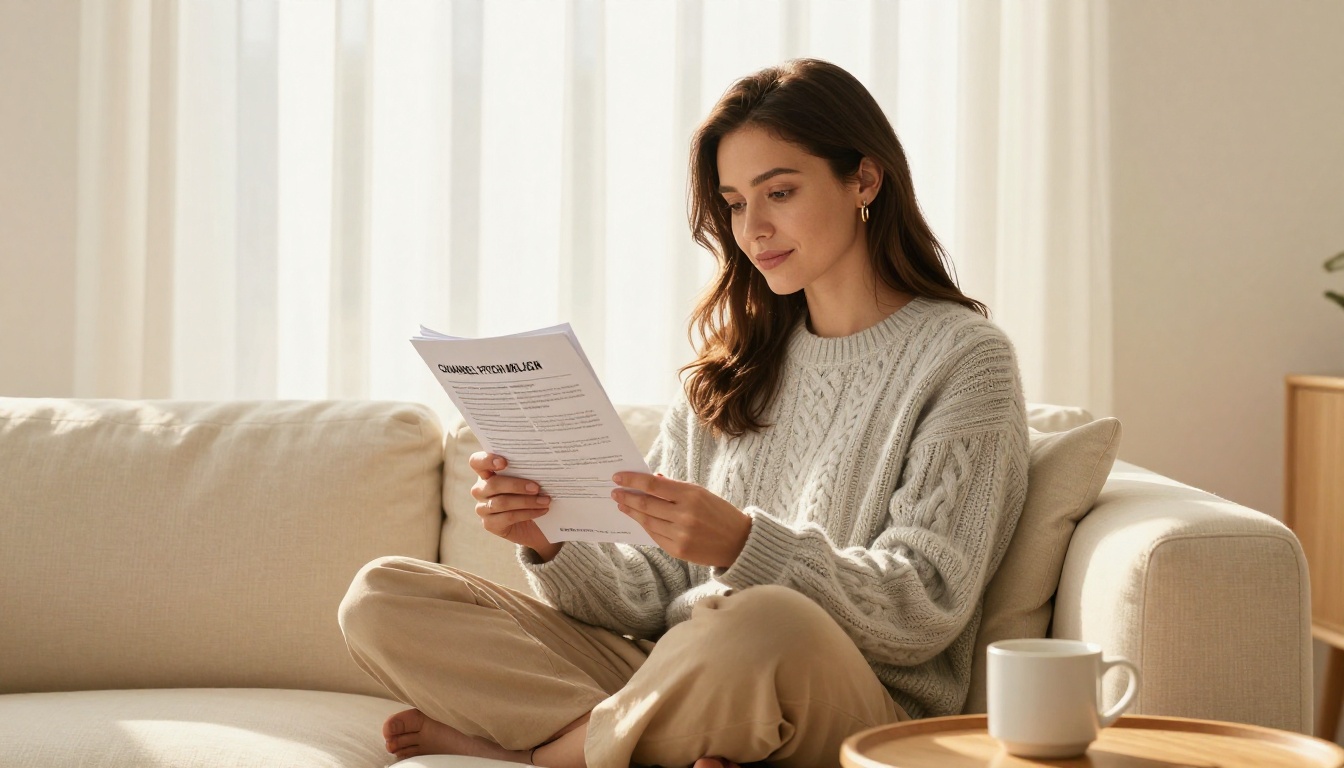 Female creator sitting cross-legged on a cream sofa in a bright Scandinavian living room reviewing a printed channel pitch document Female creator sitting cross-legged on a cream sofa in a bright Scandinavian living room reviewing a printed channel pitch document