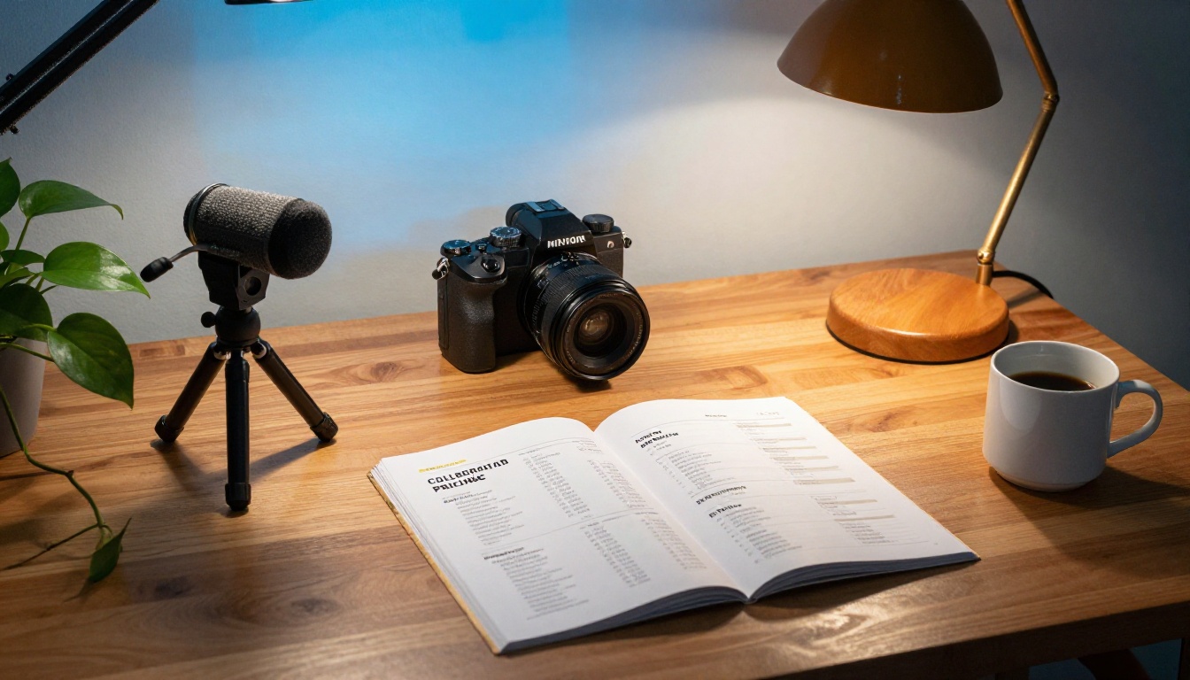 Neatly organized creator home office desk with mirrorless camera, condenser microphone, and printed media kit open to a pricing page Neatly organized creator home office desk with mirrorless camera, condenser microphone, and printed media kit open to a pricing page