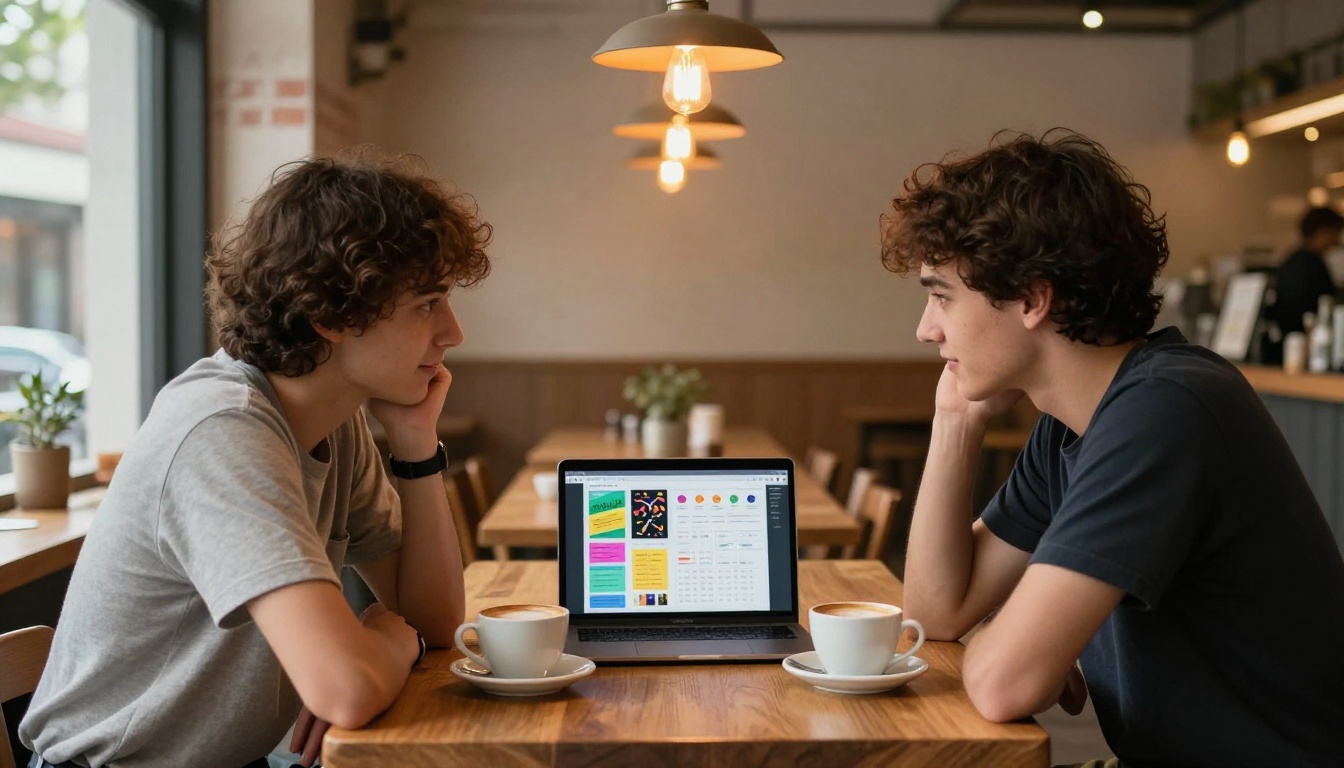 Two young content creators leaning over a laptop together in a warm coffee shop reviewing a digital flipbook pitch presentation Two young content creators leaning over a laptop together in a warm coffee shop reviewing a digital flipbook pitch presentation