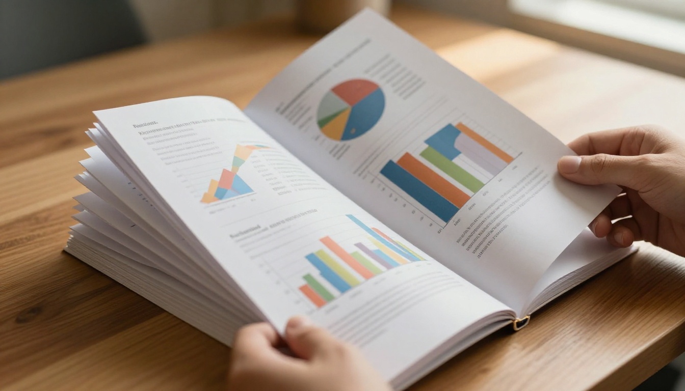 Hands holding an open analytics report with colorful charts