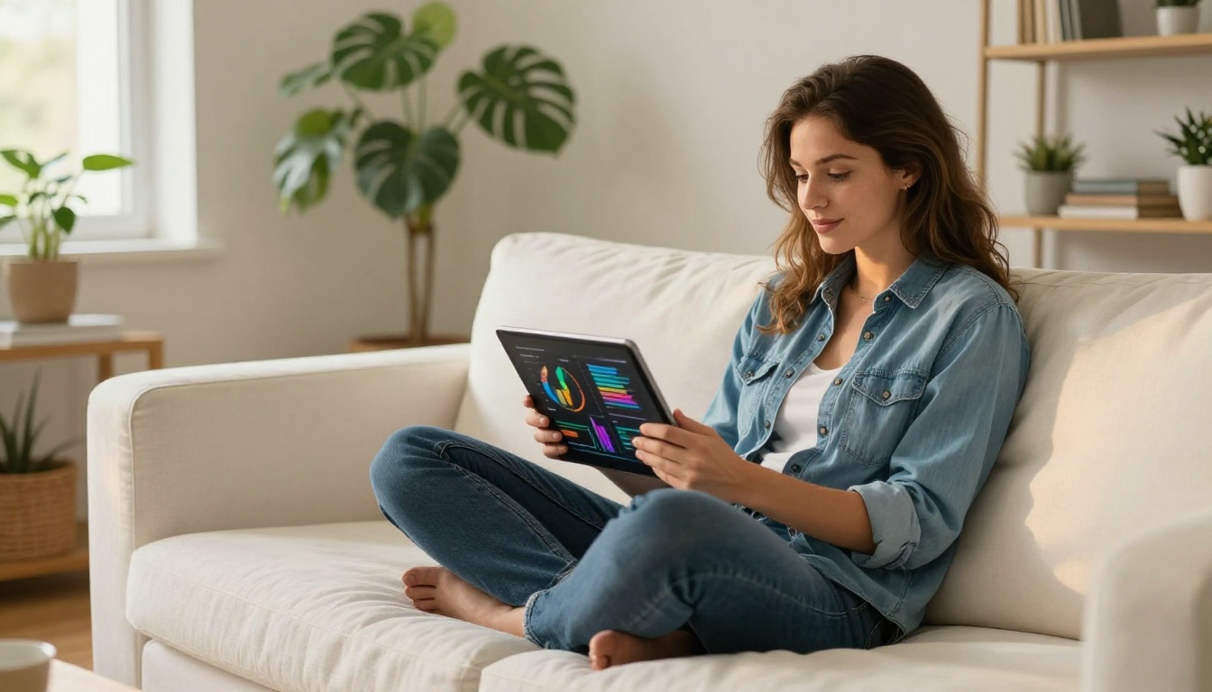 Content creator reviewing analytics on tablet while sitting on couch