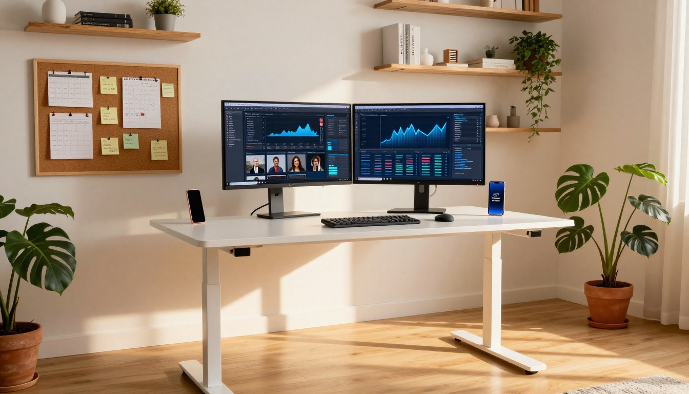 Dual monitor workspace with social media analytics and flipbook design
